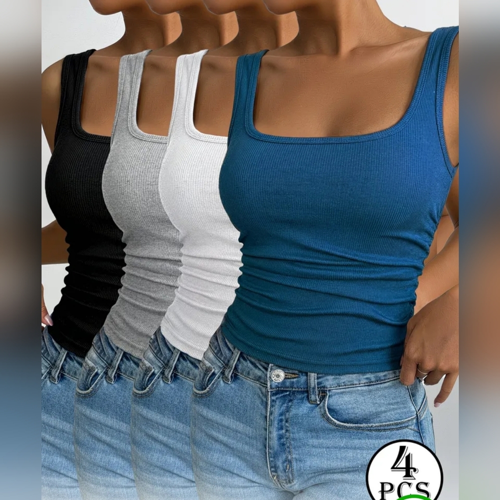 NEW 4 Pack Ribbed Square Neck Tank Top Bundle